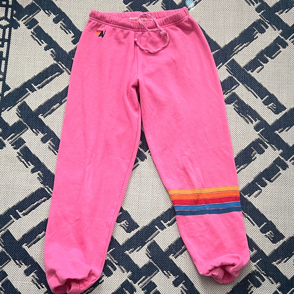 Pink women’s aviator nation Sweatpants with Rainbow Stripes